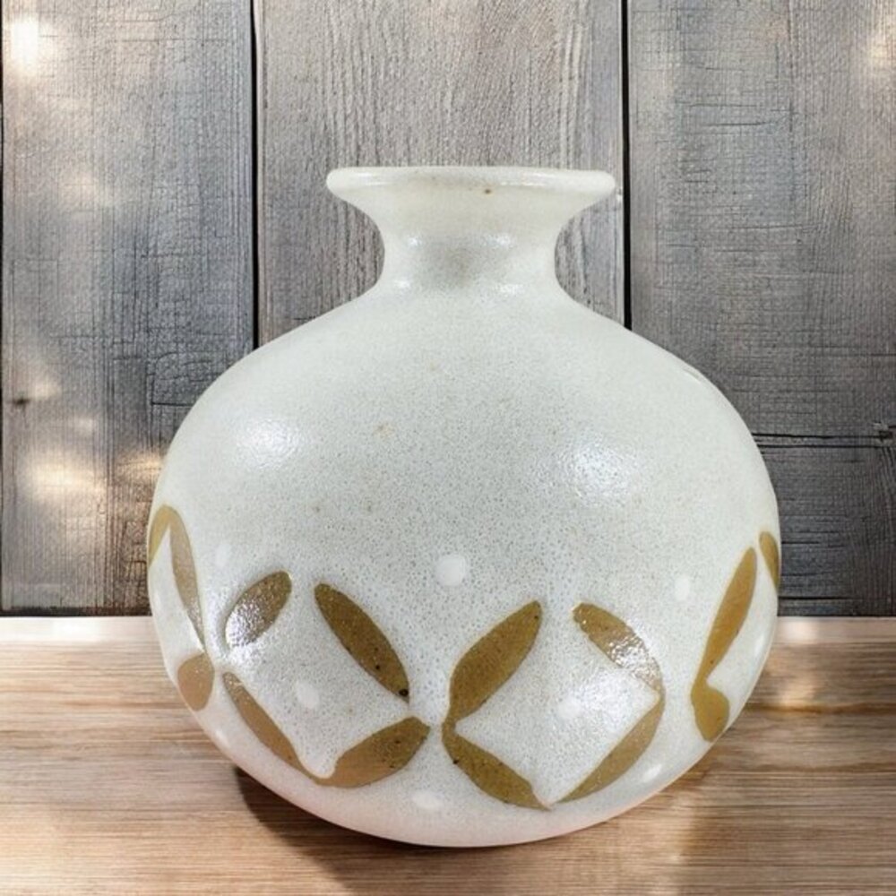 Vintage 1990s Hand‎ Made Stoneware Pottery Vase Round Bottom Brown Pattern VTG